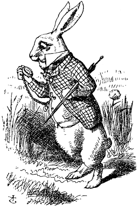 Illustration of the character of the White Rabbit from Lewis Carroll's story Alice's Adventures in Wonderland. The White Rabbit is perhaps best known for his fear of being late. 