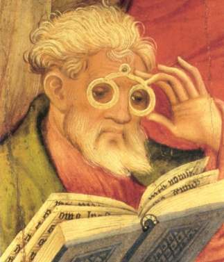 The "Glasses Apostle" painting in the altarpiece of the church of Bad Wildungen, Germany. Painted by Conrad von Soest in 1403, "Glasses Apostle" is considered the oldest depiction of eyeglasses north of the Alps.