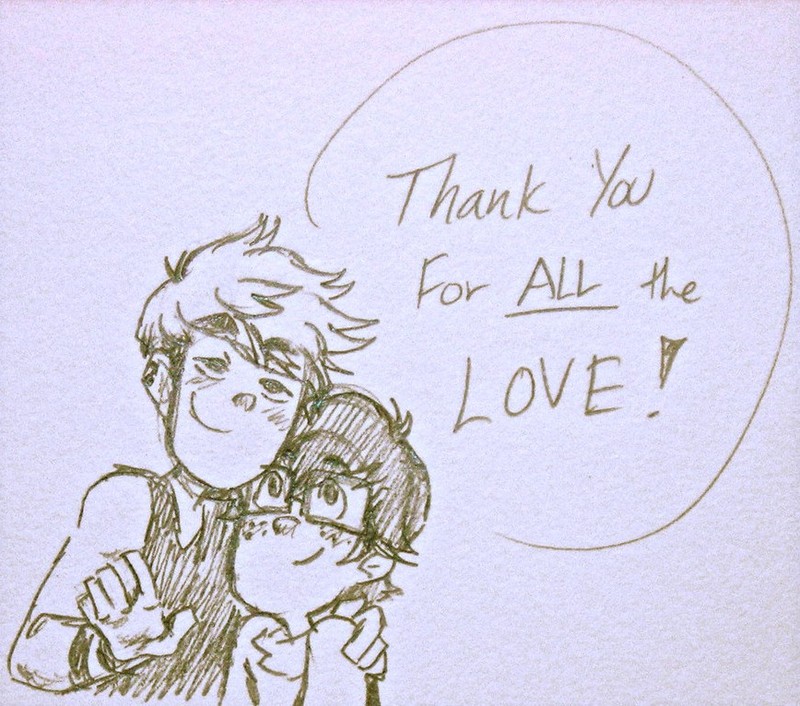 A hand-drawn thank you card depicting two friends embracing, with the caption, "Thank you for all the love."